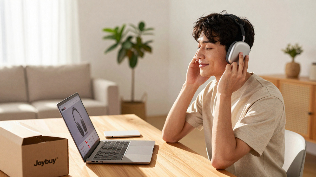 Young man enjoying music with headphones at a wooden table, with laptop and packaging box nearby in a bright room.