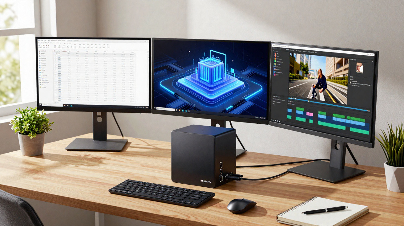 Modern workspace with triple monitors, compact desktop PC, wireless keyboard and mouse on wooden desk.