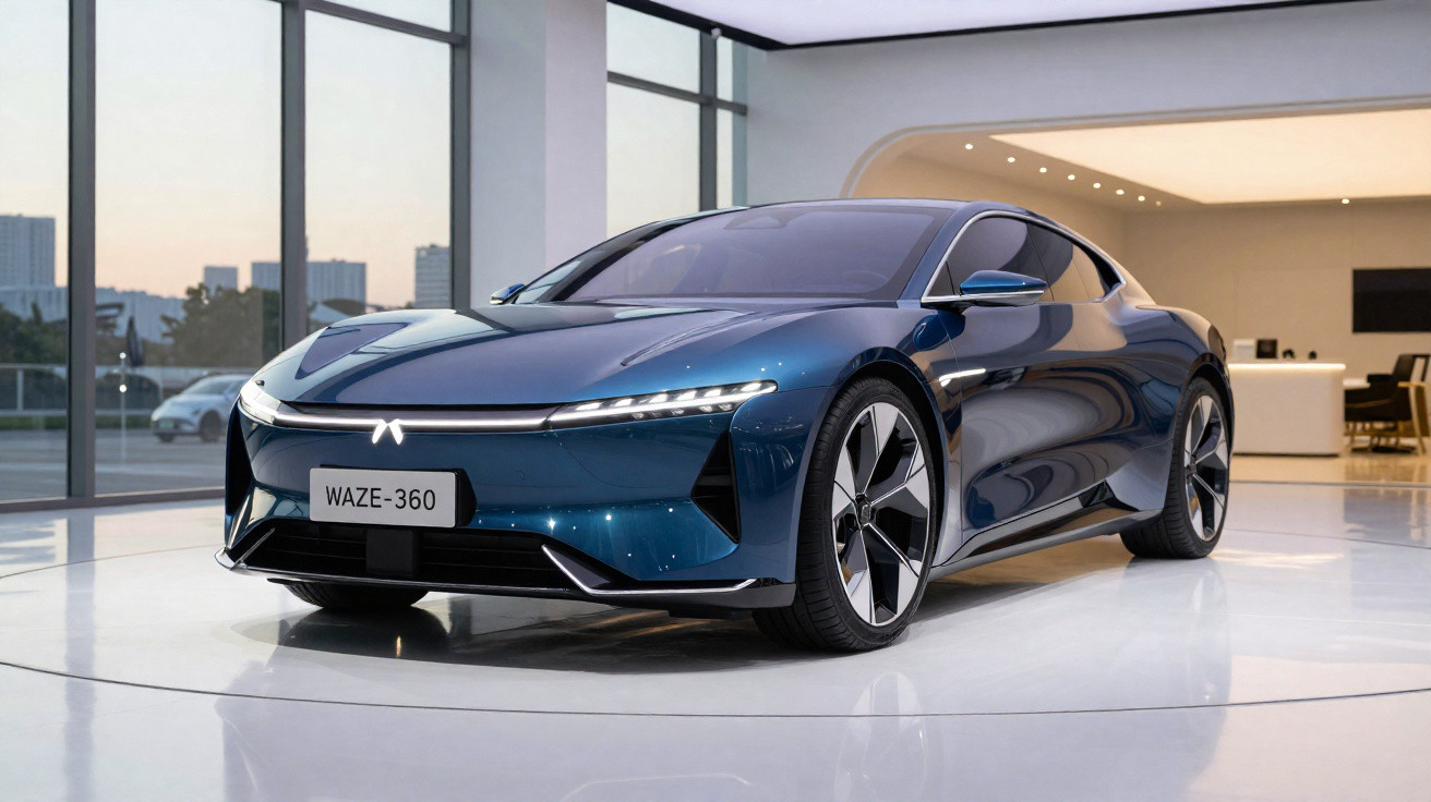 Sleek blue electric sports car with modern LED headlights displayed in a bright showroom with large windows.