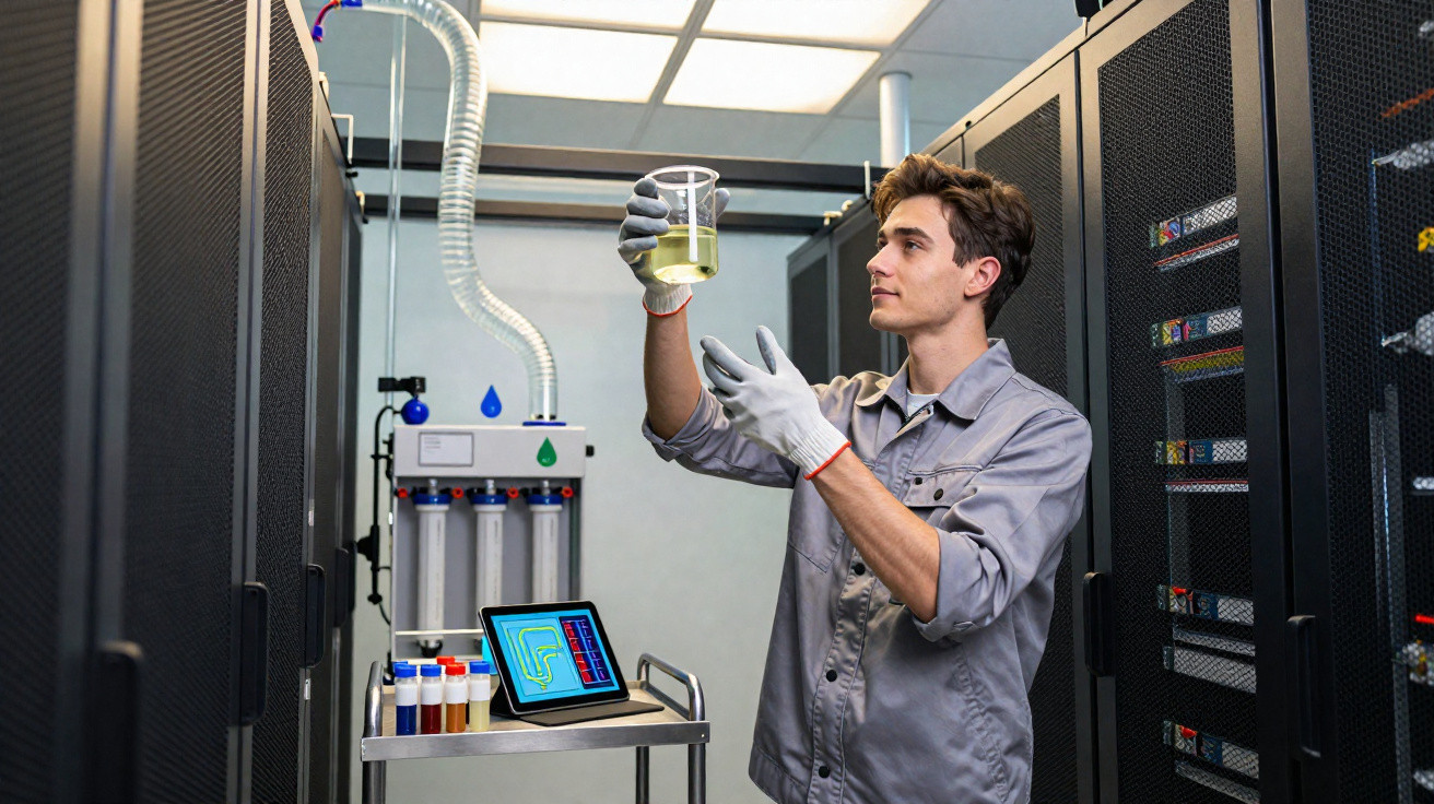 Technician in gloves examining liquid in a beaker inside a server room with network equipment.