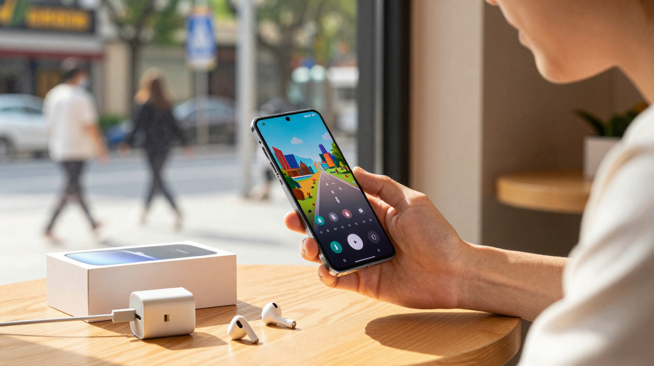 Person holding a smartphone showing a navigation app, with earphones, charger, and box on a wooden table.