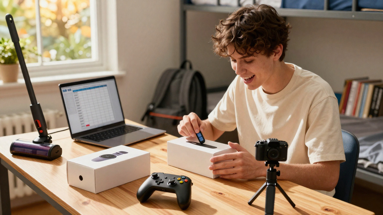 Young man smiling while unboxing a tech product at a wooden desk with a laptop, game controller, and camera tripod.