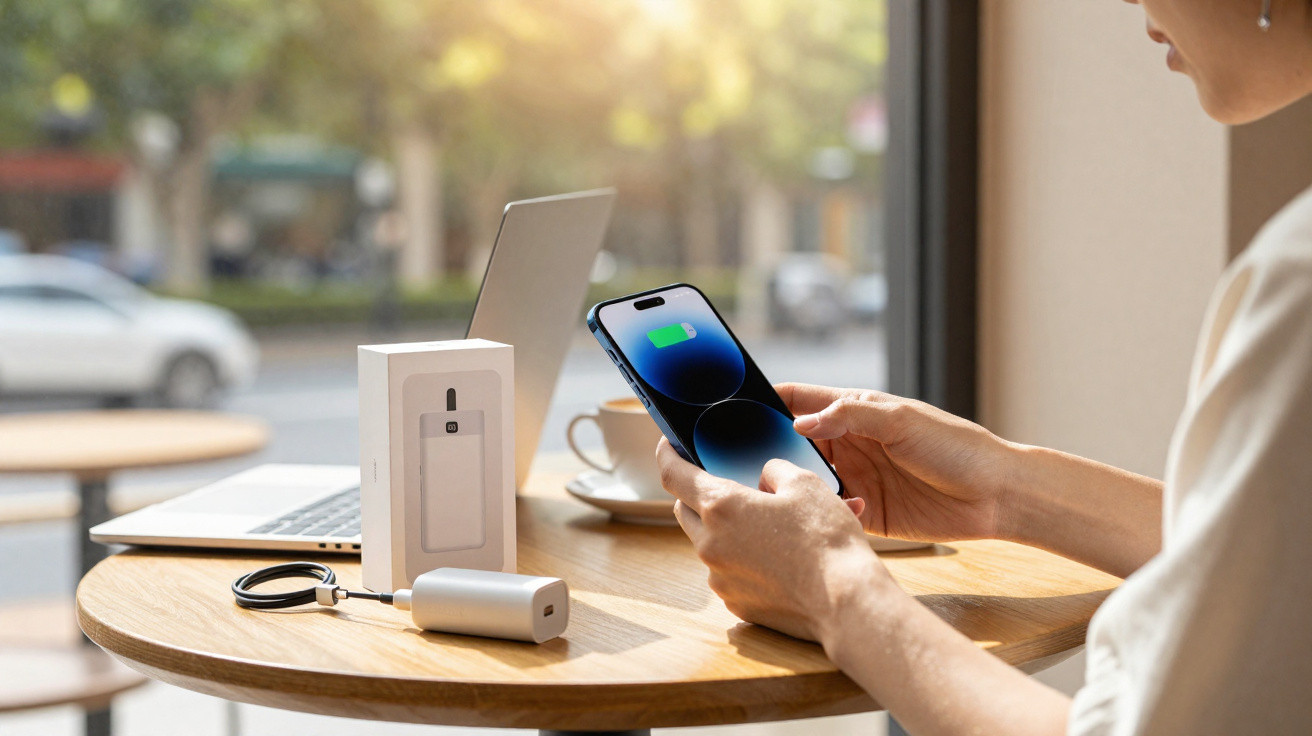 Person holding a smartphone showing full battery icon, sitting at a table with a laptop and electronic accessories.