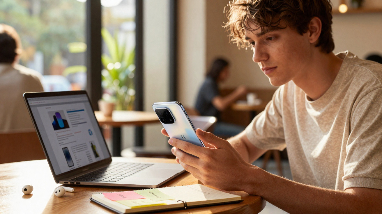 Young man using smartphone with laptop, notebook, and wireless earbuds in a cosy café.