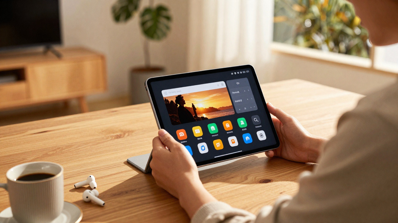 Person using a tablet with a video player and app icons on screen, beside a cup of coffee and wireless earbuds.