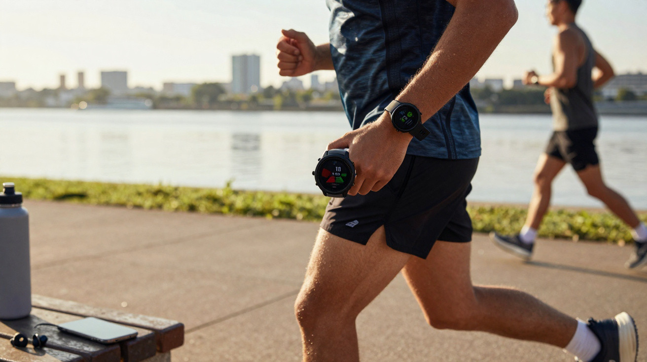 Close-up of a person running outdoors by a river wearing a fitness watch, with another runner blurred in the background.