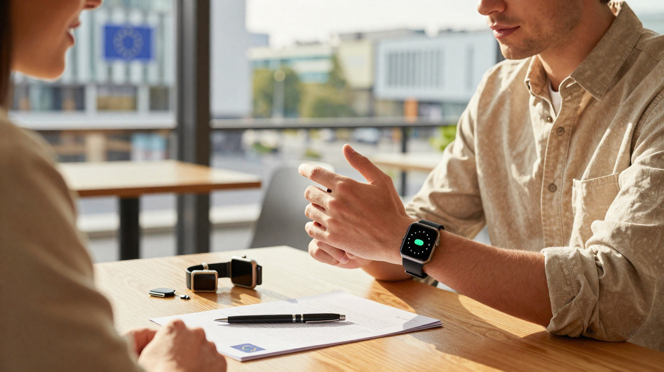 Two people sitting at a table with documents and smartwatches, engaged in a discussion in a bright room.