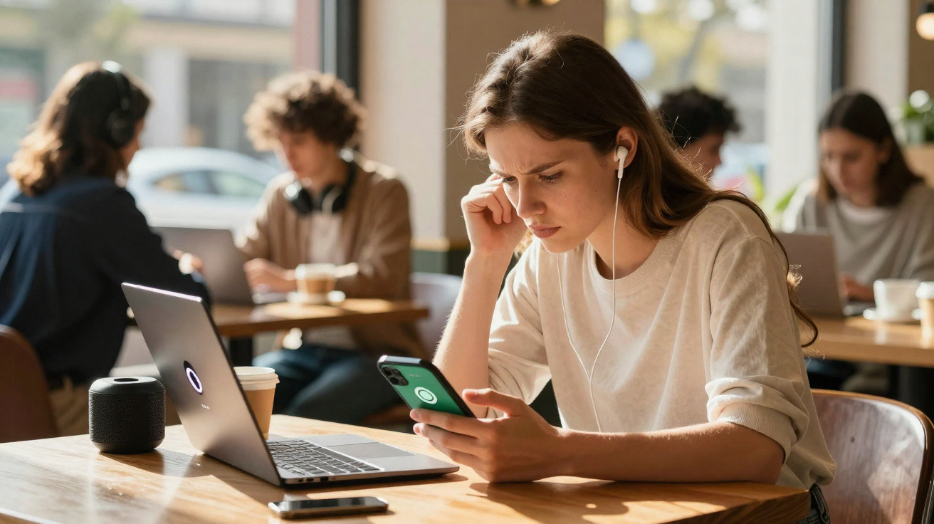 Young woman with earphones looks at phone while sitting at a table with a laptop in a busy café.