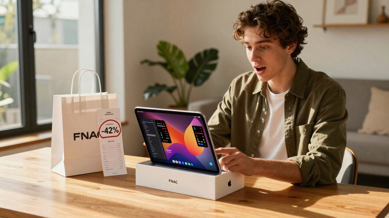 Young man excitedly unboxing a new tablet at a wooden table with a FNAC shopping bag and discount tag nearby.
