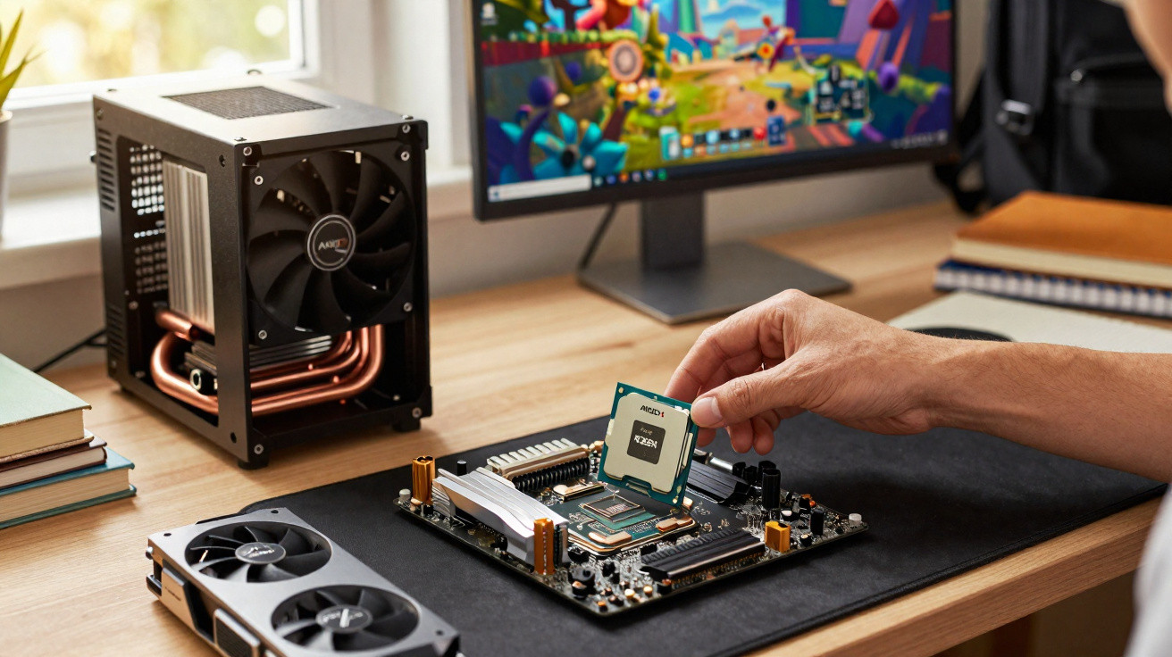 Person installing AMD Ryzen CPU onto a motherboard on a desk with gaming PC setup.