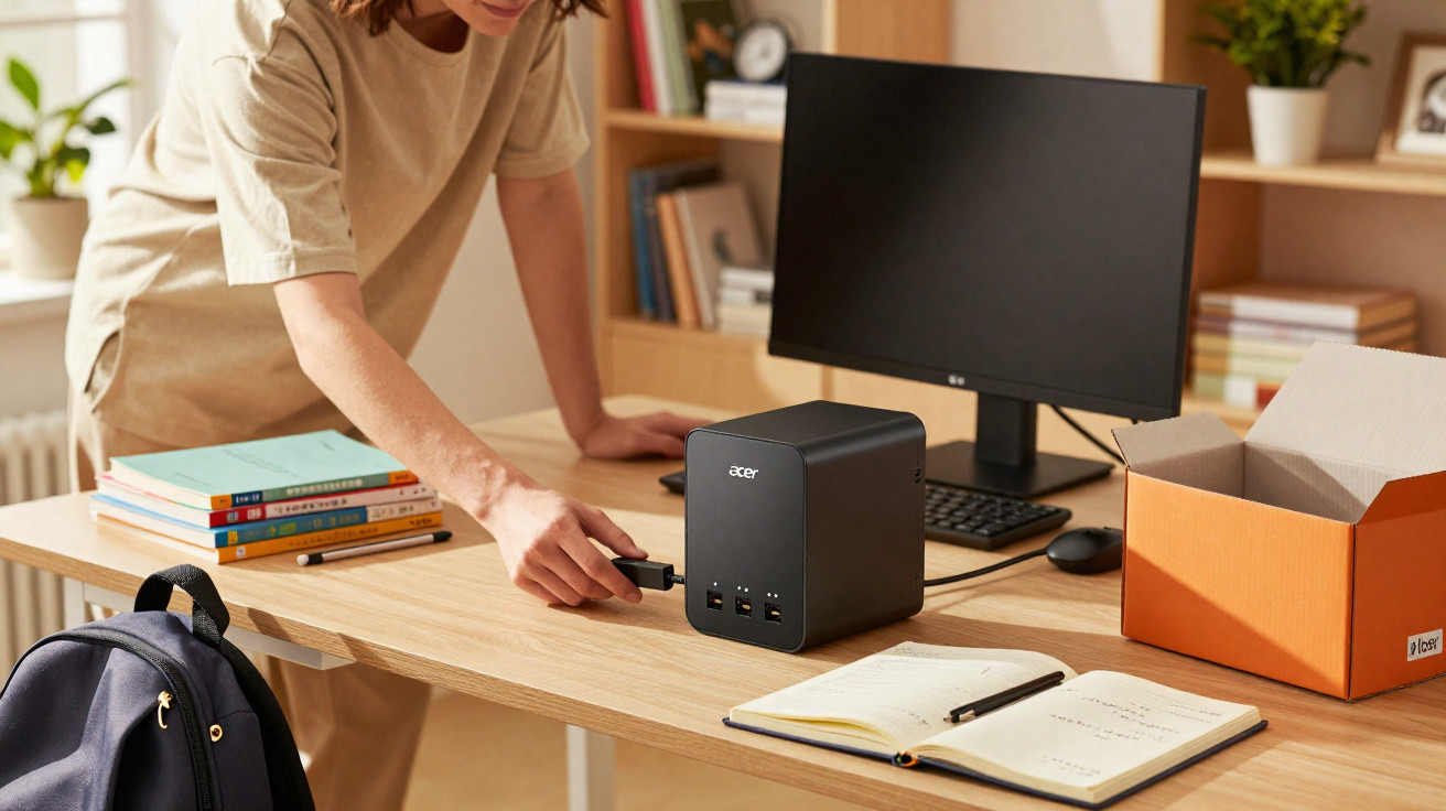 Person plugging in a USB device into a black Acer desktop computer on a wooden desk with books and a notebook.