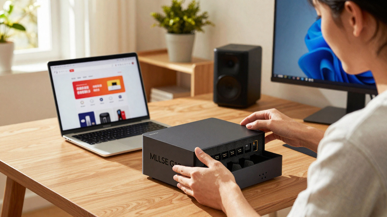 Person opening a black MLLSE G1 electronic device box at a wooden desk with laptop and speaker nearby.