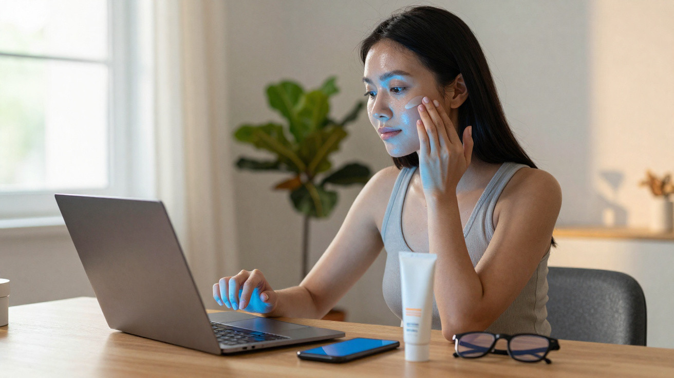 Woman applying skincare cream to her face while using a laptop at a wooden desk in a bright room.