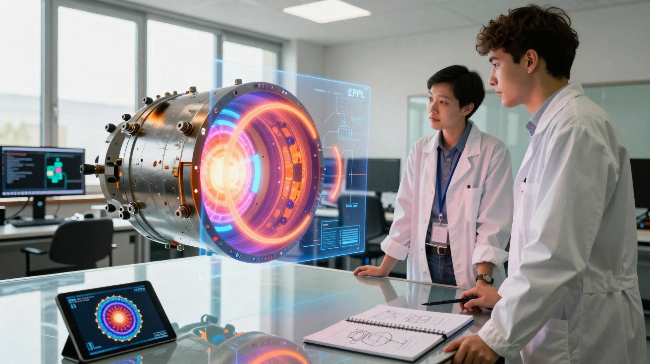 Two scientists in lab coats analysing a futuristic holographic engine model in a laboratory.