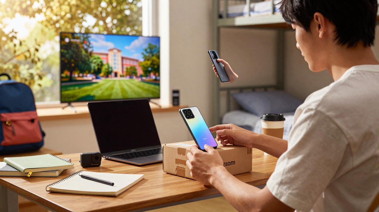 Person scanning a smartphone on a box at a desk with a laptop, notebooks, and a TV in the background.