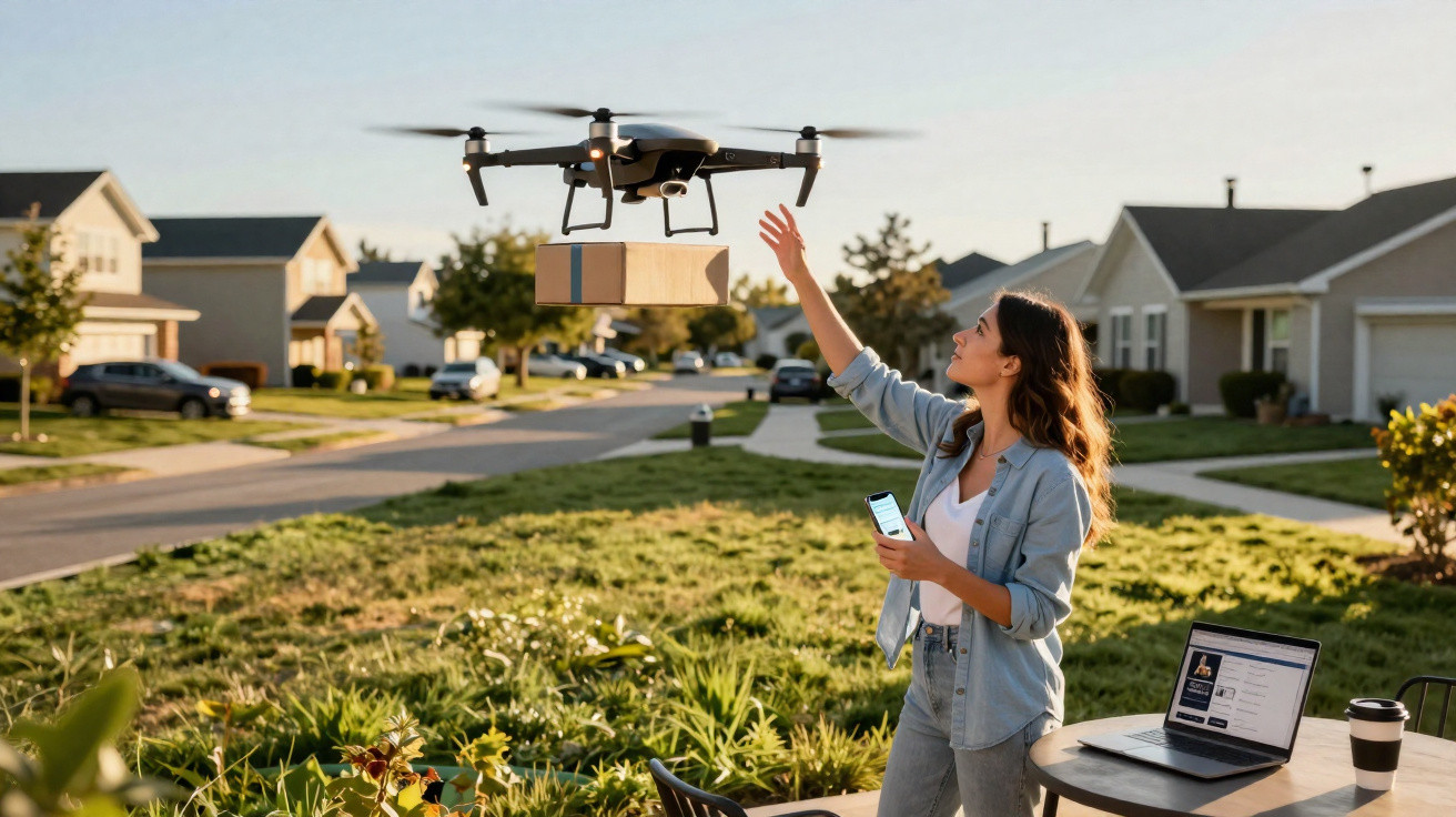 Woman outside residential area receiving a package delivered by a drone while holding a smartphone and laptop on table.