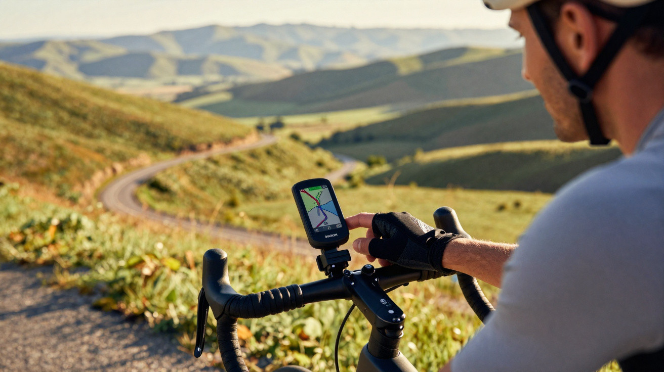 Cyclist checking GPS navigation on handlebars while overlooking winding rural road and hills.