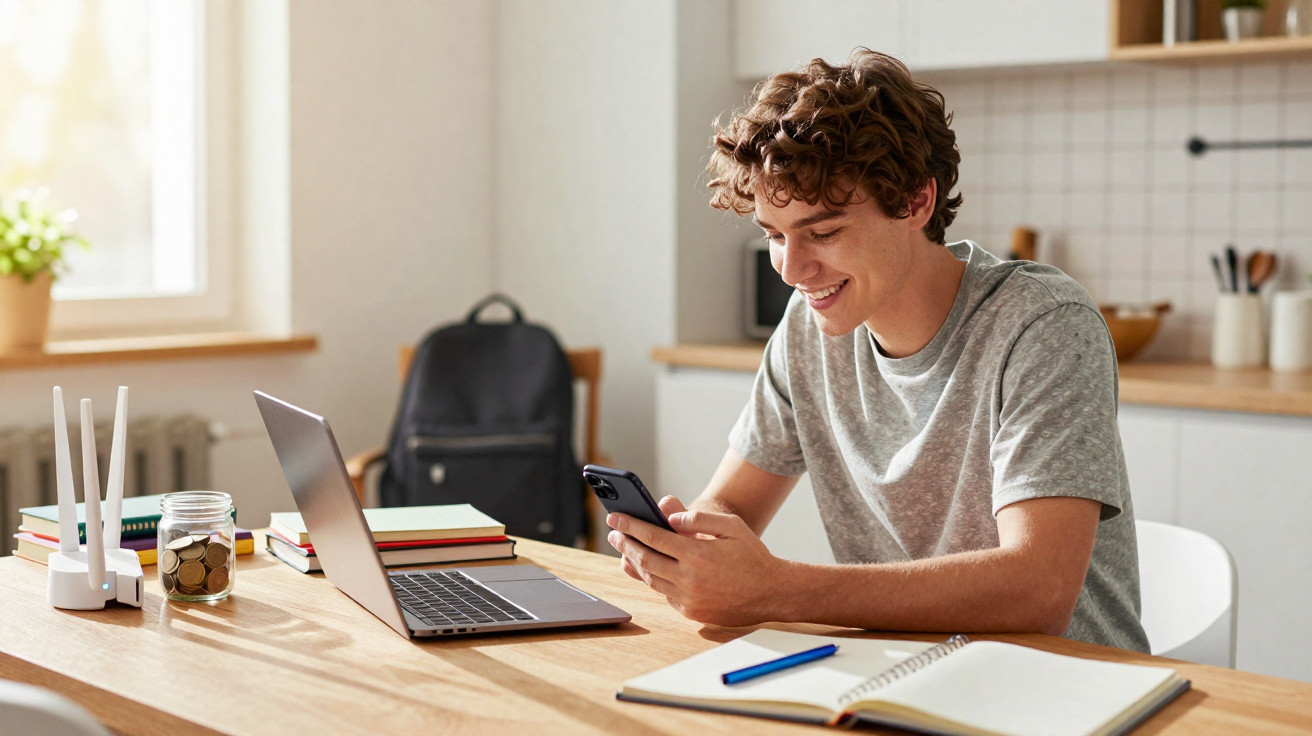 Teenage boy smiling while using smartphone at table with laptop and open notebook in bright room