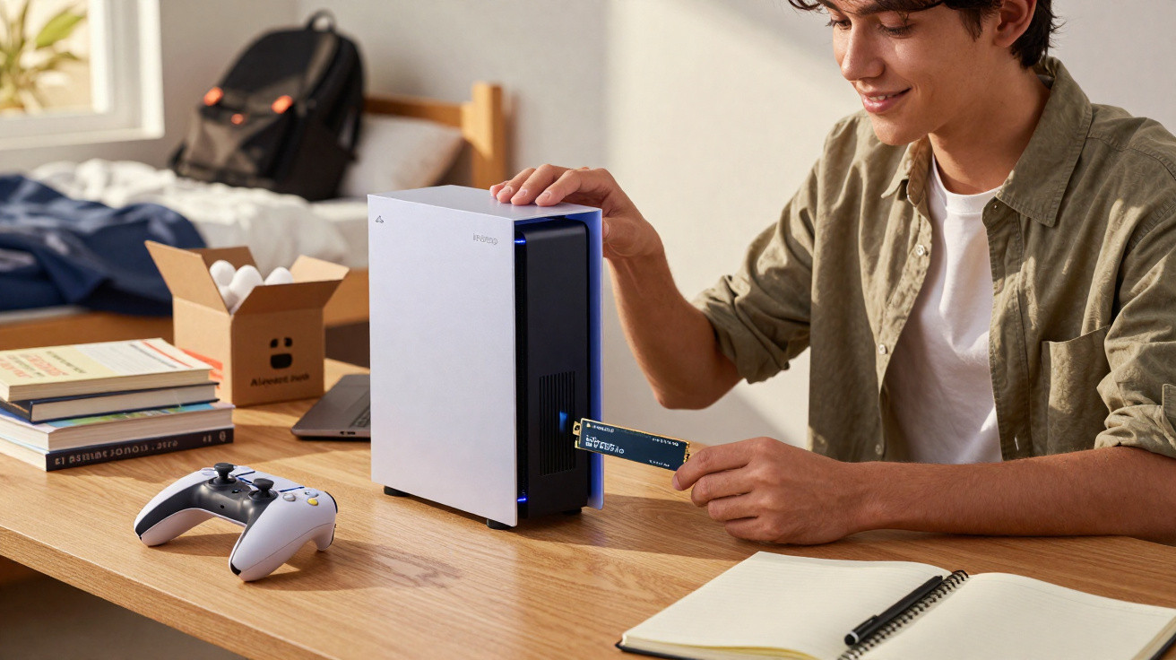 Young man installing an NVMe SSD into a white and black gaming console on a wooden desk.