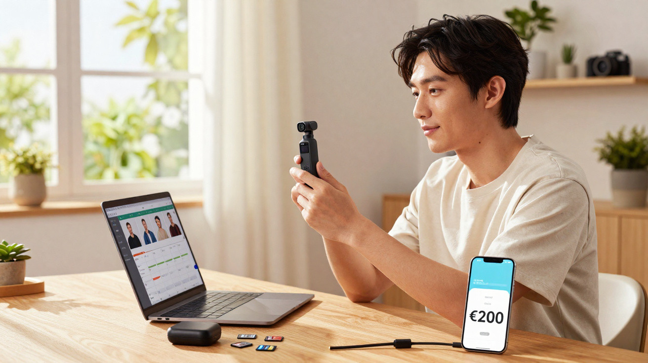 Person holding a small camera near a laptop and smartphone displaying €200 on a wooden table in a bright room.
