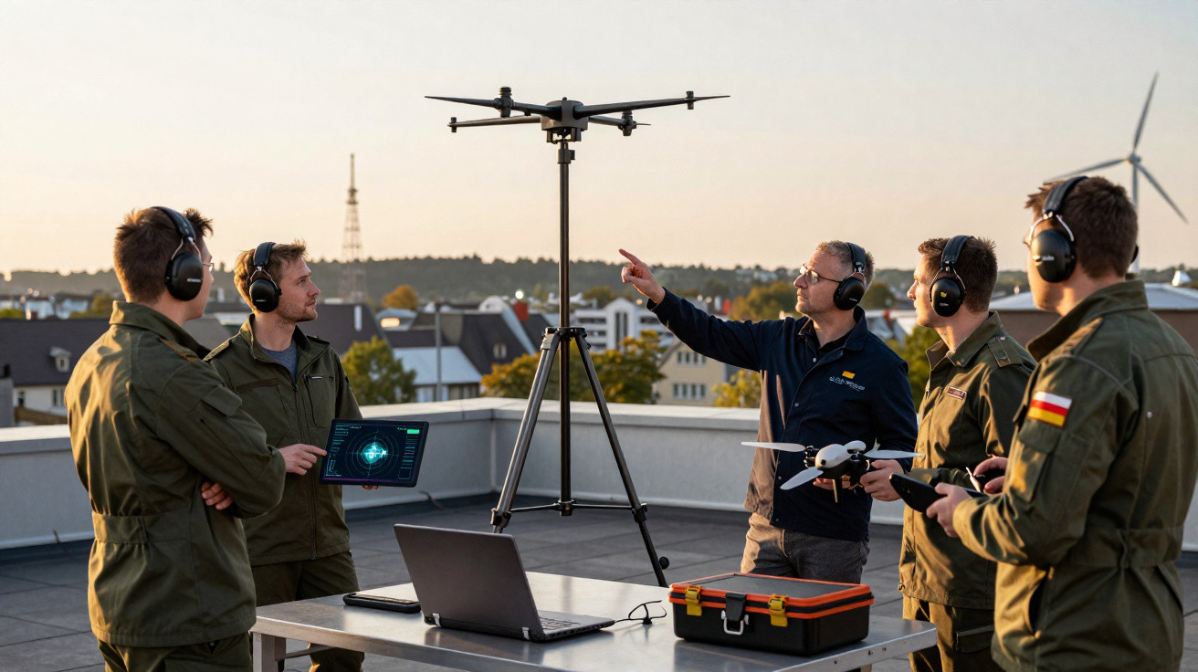 Group of men in military uniforms and headphones operating drones on a rooftop at sunset with a laptop and equipment.