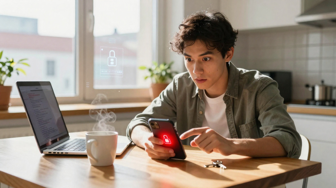 Young man in kitchen using smartphone with digital security lock icon, laptop and steaming mug on table.