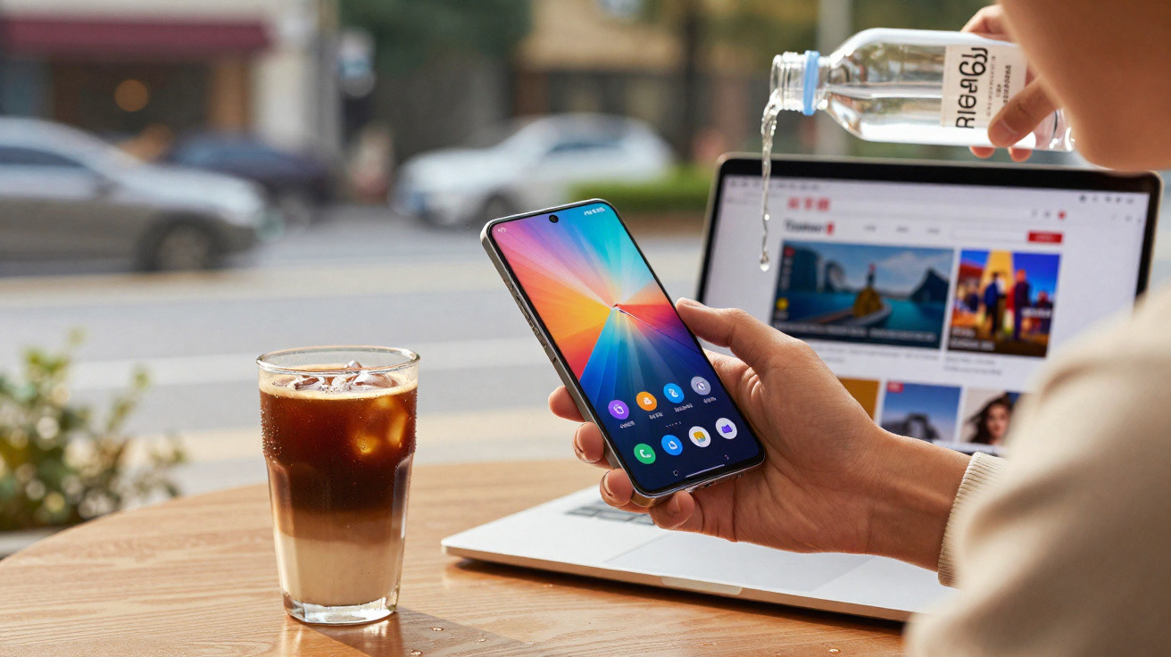 Person holding smartphone over laptop on table with iced coffee and a water bottle pouring liquid.