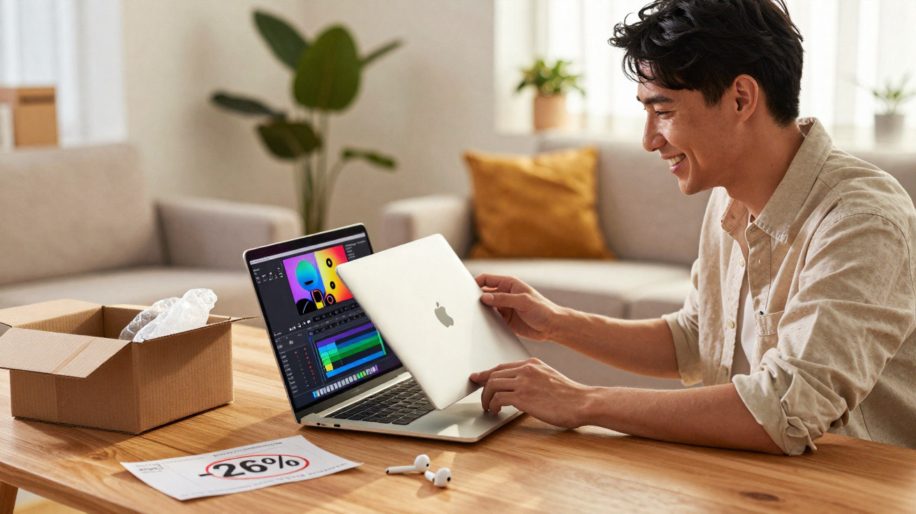 Young man smiling while setting up a new Apple laptop at a wooden table in a cosy living room.