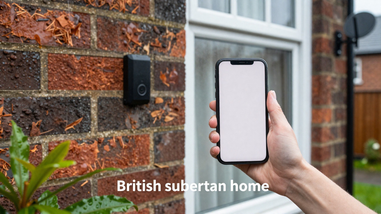 Hand holding a smartphone with blank screen near a doorbell on a brick house exterior.