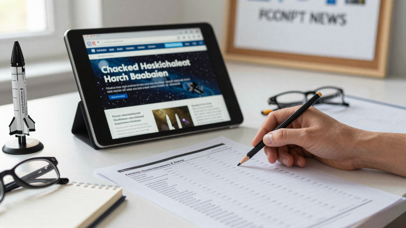 Hand writing on printed document at desk with tablet showing space news, glasses, notebook, and rocket model.