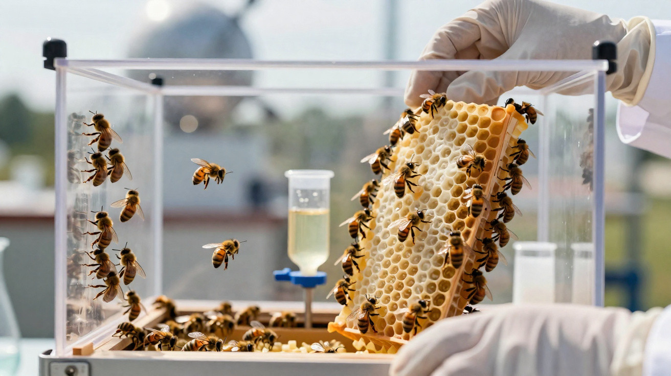 Gloved hands holding honeycomb inside a transparent bee observation box with bees crawling and flying around.