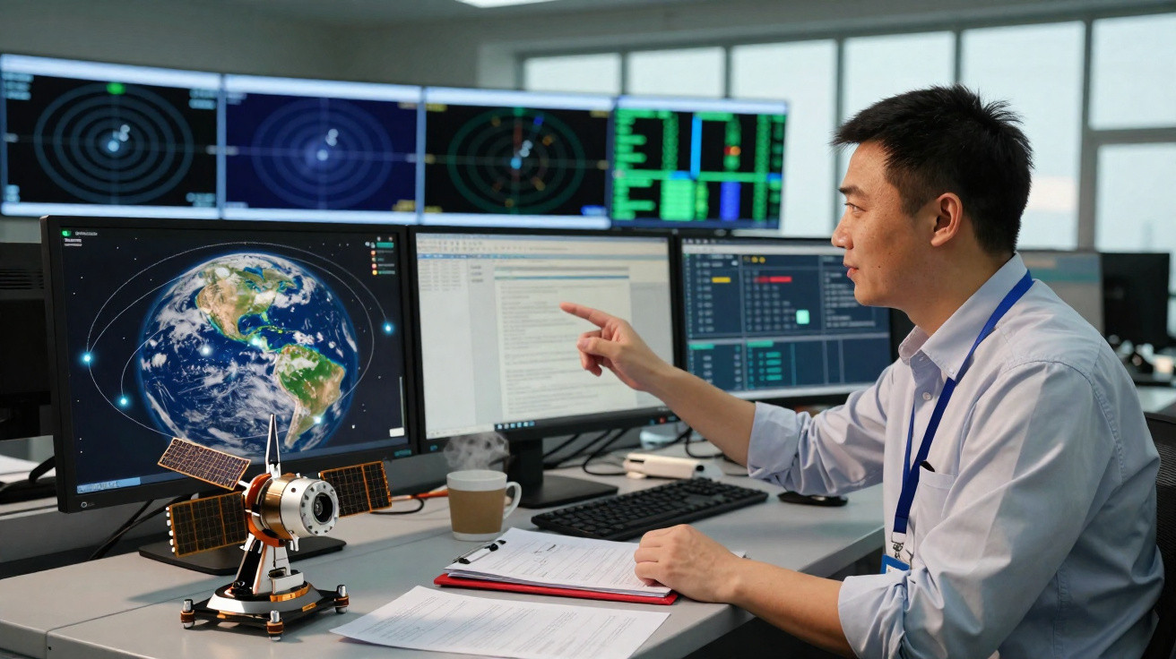 Engineer analysing satellite data on multiple screens with a 3D globe and satellite model on the desk.
