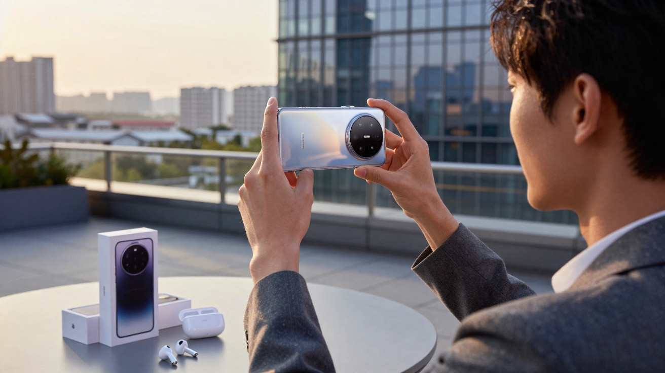 Person holding a smartphone with a large circular camera, boxes and wireless earbuds on a table outdoors.