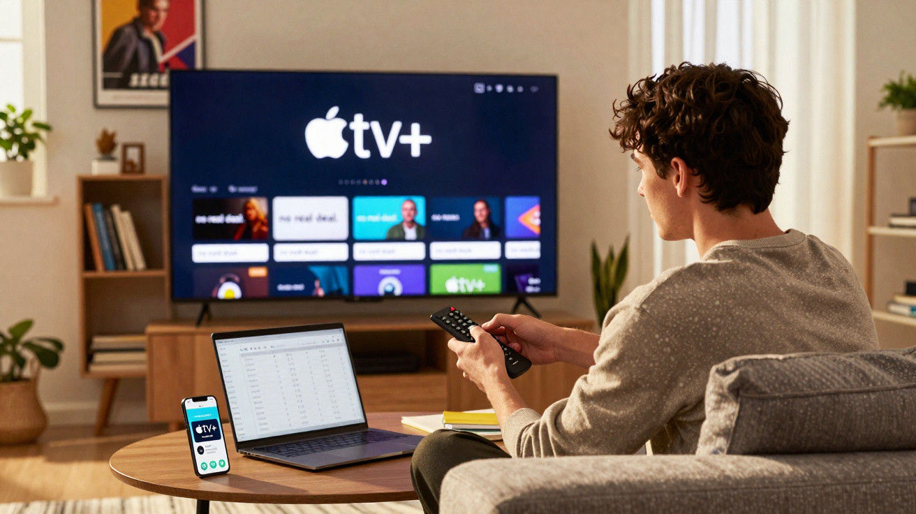 Person holding remote control watching Apple TV+ on a large screen with laptop and phone on a coffee table.