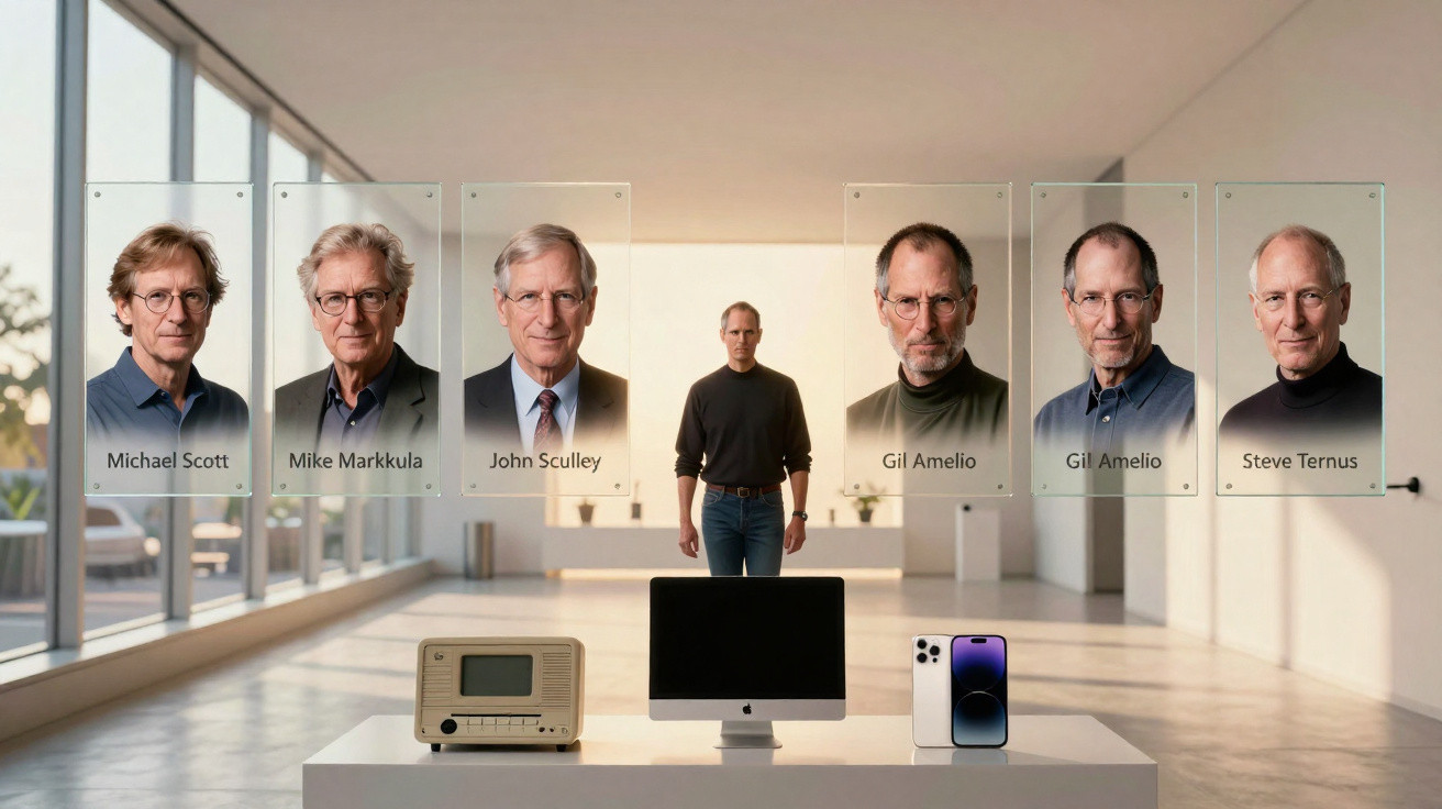 Portraits of Apple executives with Steve Jobs centre, alongside an early Macintosh, modern iMac, and iPhone on a table.