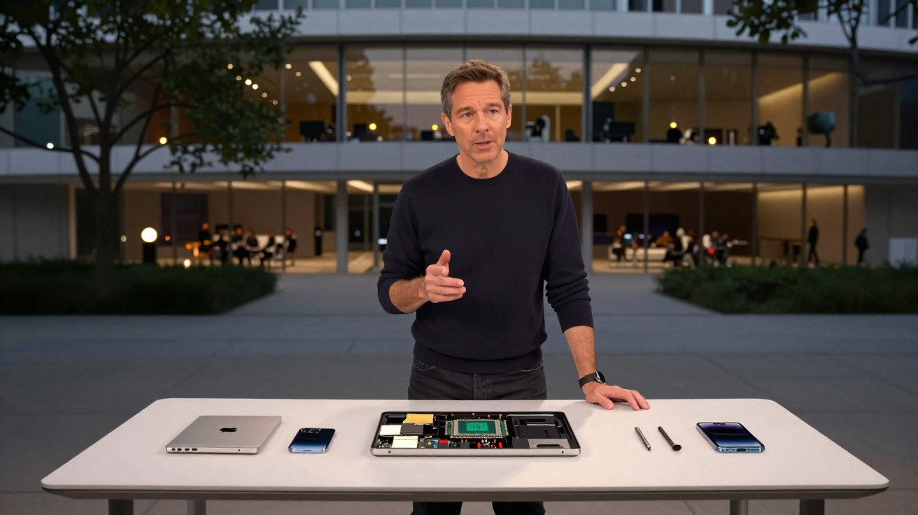 Man standing behind table outdoors with disassembled laptop, smartphone, and tools, modern building in the background.