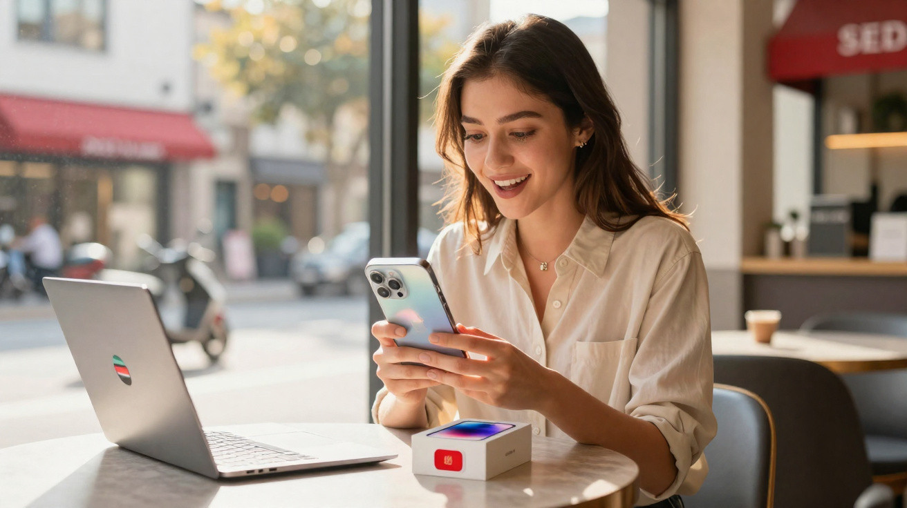 Woman smiling while using smartphone at a cafe table with an open laptop and a phone box nearby.