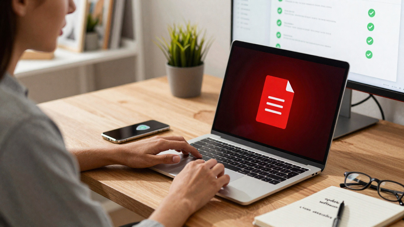 Person using a laptop with a red document icon on screen, smartphone, notebook, and glasses on wooden desk.