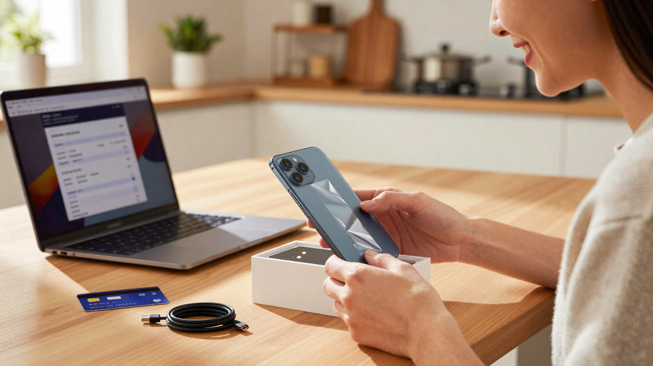 Person unboxing a new blue smartphone at a wooden kitchen table with a laptop and payment card nearby.