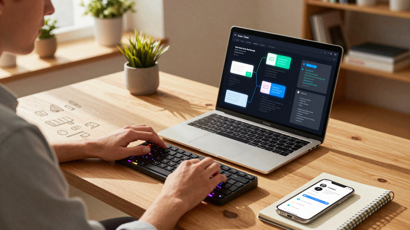 Person typing on a compact keyboard connected to a laptop displaying a workflow chart on a wooden desk.