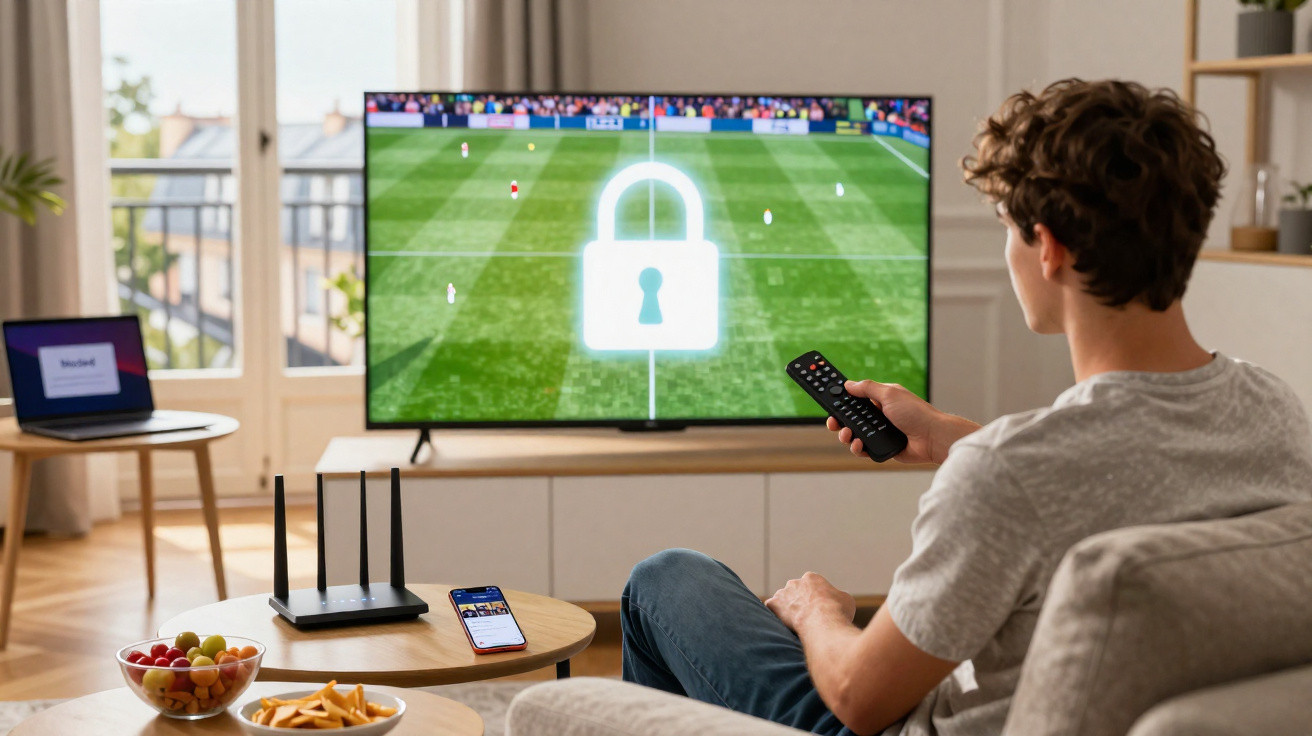 Young man holding remote watching football on TV with a digital padlock symbol on screen in modern living room