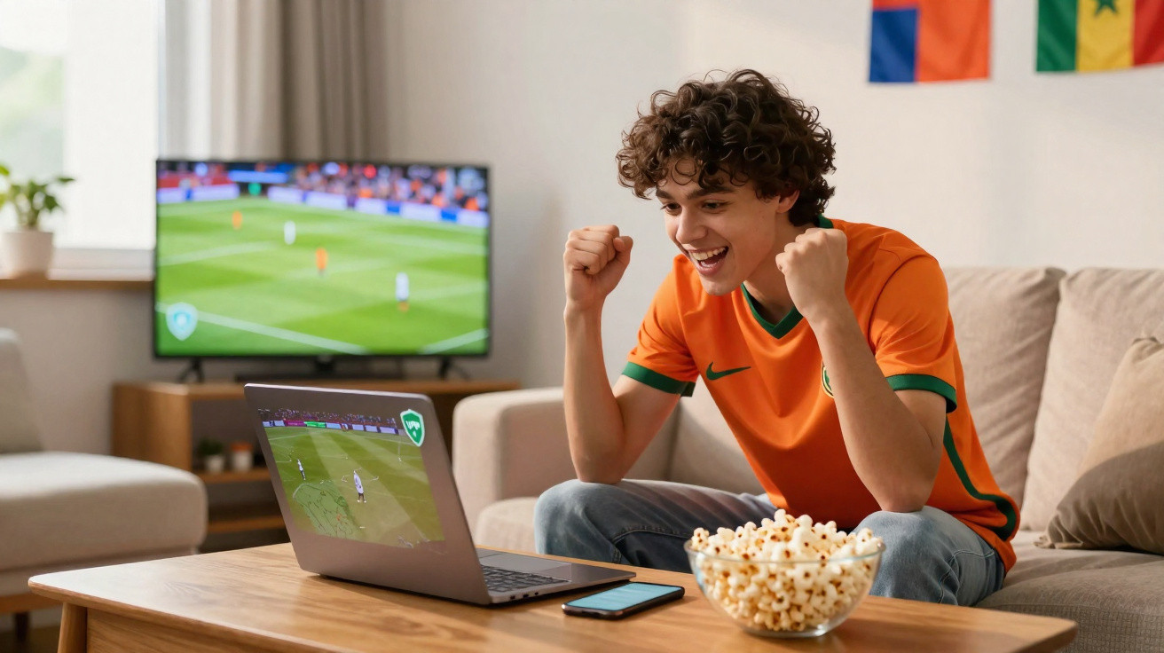 Young man cheering while watching a football match on a laptop in a living room with popcorn nearby.