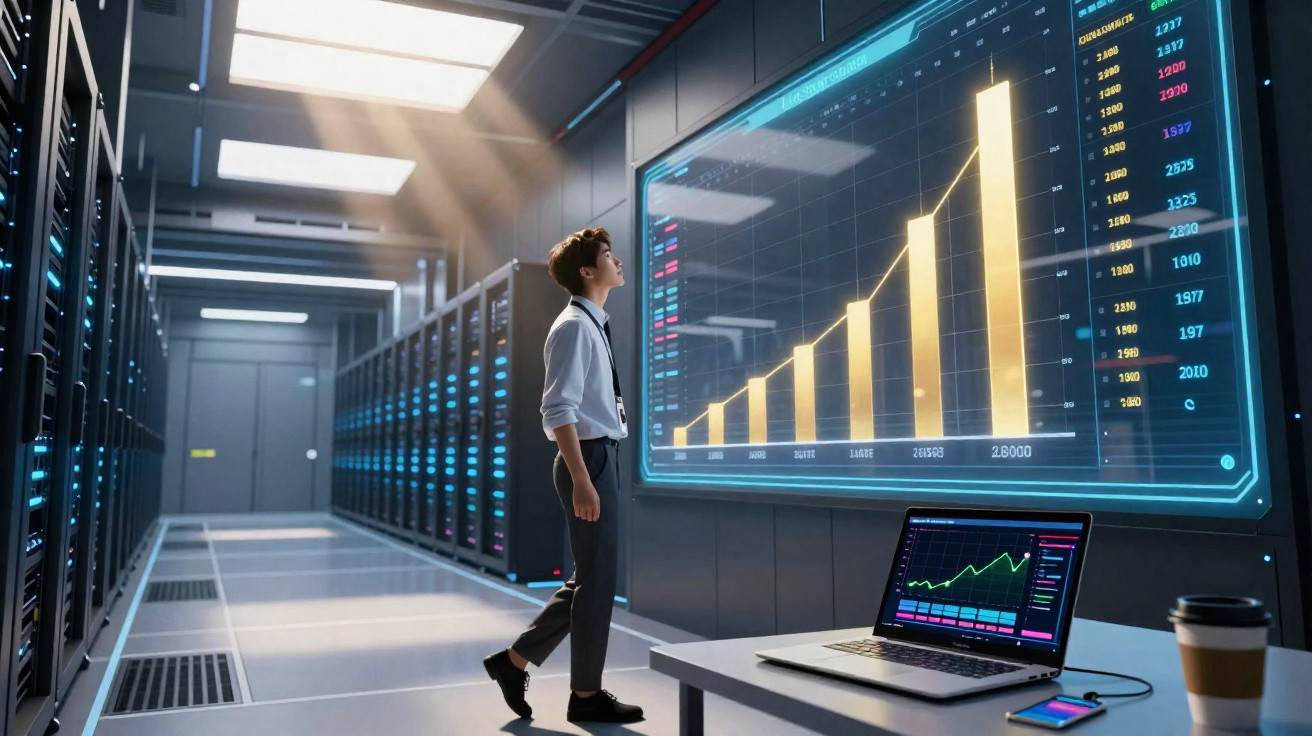 Man analysing large digital bar chart in a modern server room with laptop and coffee on table.