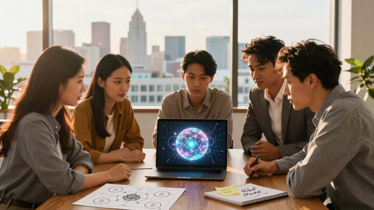 Group of five young professionals discussing a digital atomic model displayed on a laptop in an office.