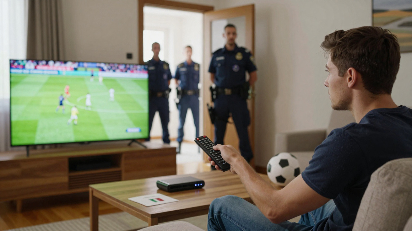Man holding remote watching football on TV as three police officers stand at the door behind him in living room.
