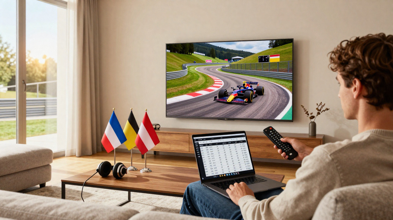 Person sitting on a sofa using a laptop with racing on TV and three small flags on a table in a bright living room.