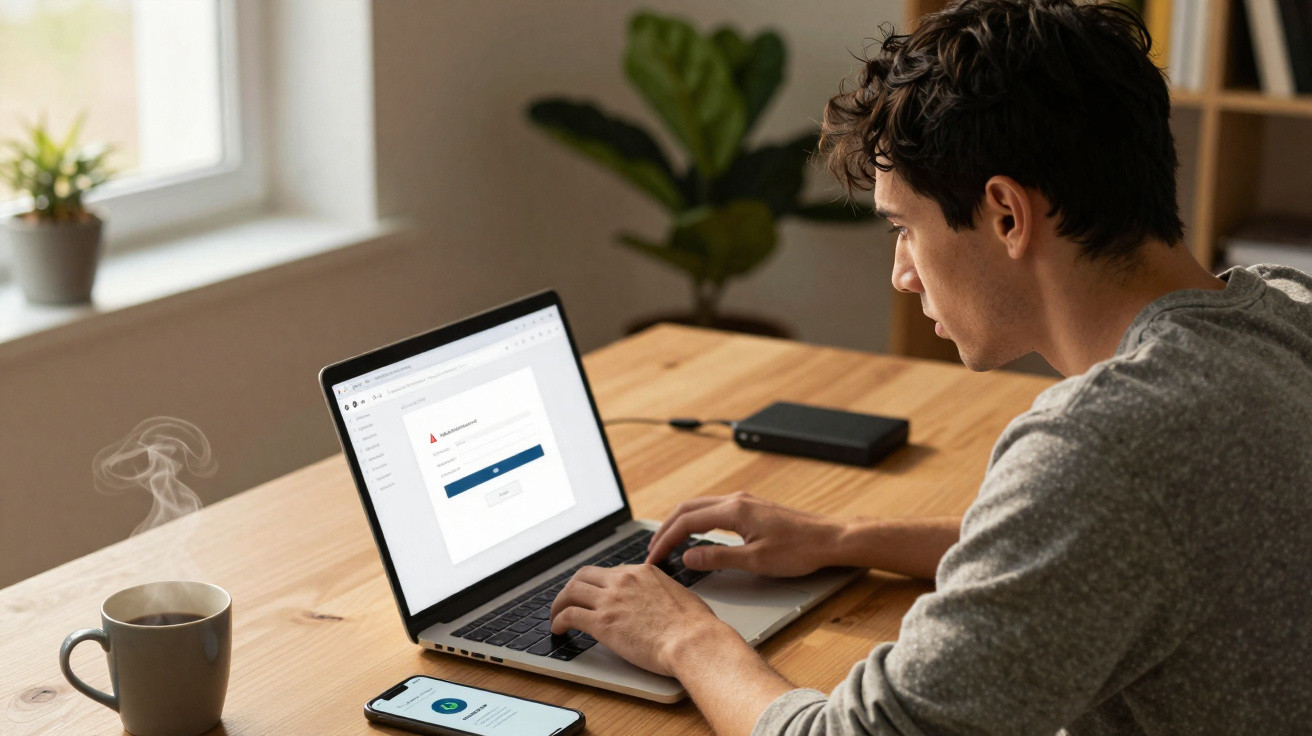Man using laptop on wooden table with steaming coffee and smartphone, focused on screen.