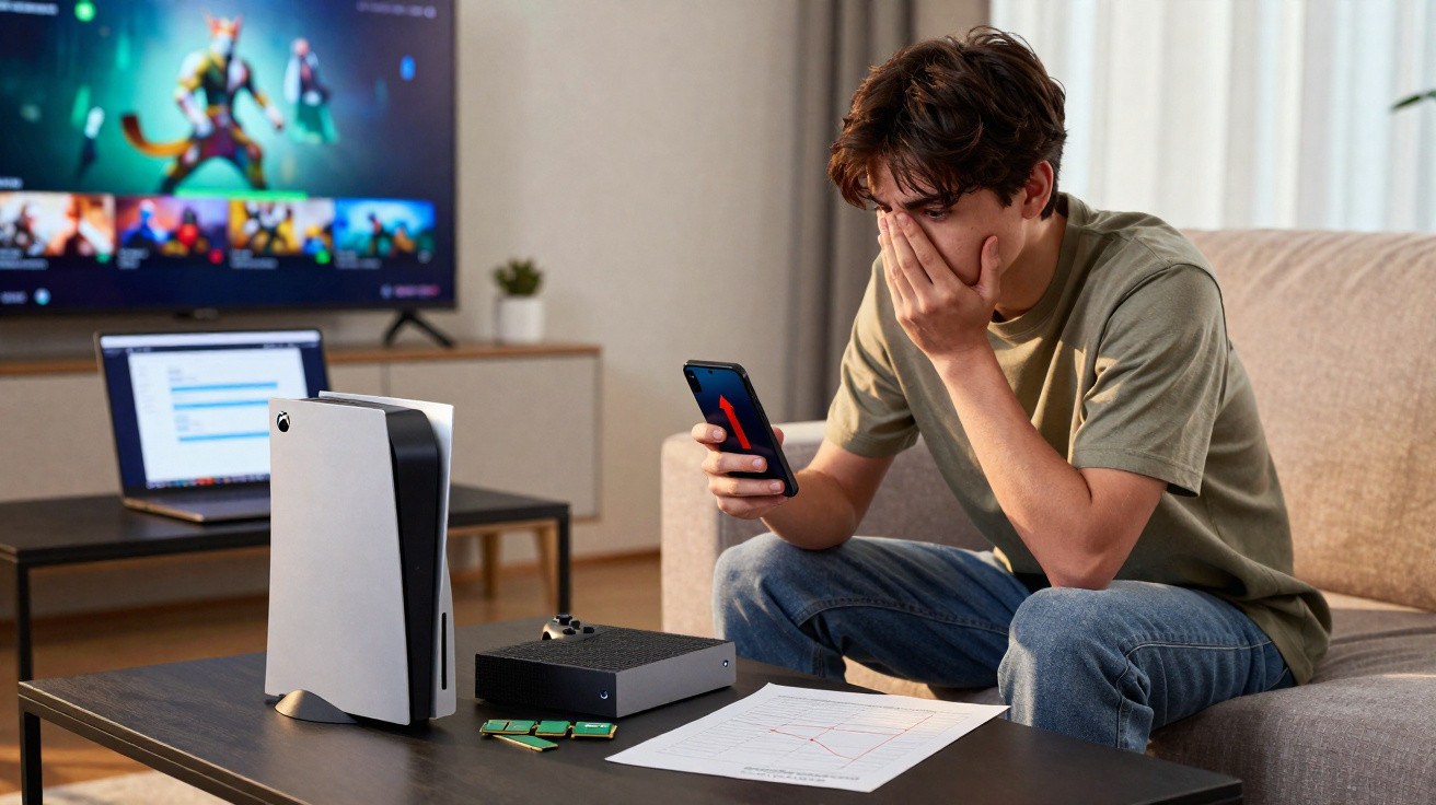Young man sitting on a sofa looking stressed while holding a phone, with gaming consoles and paperwork on a table.