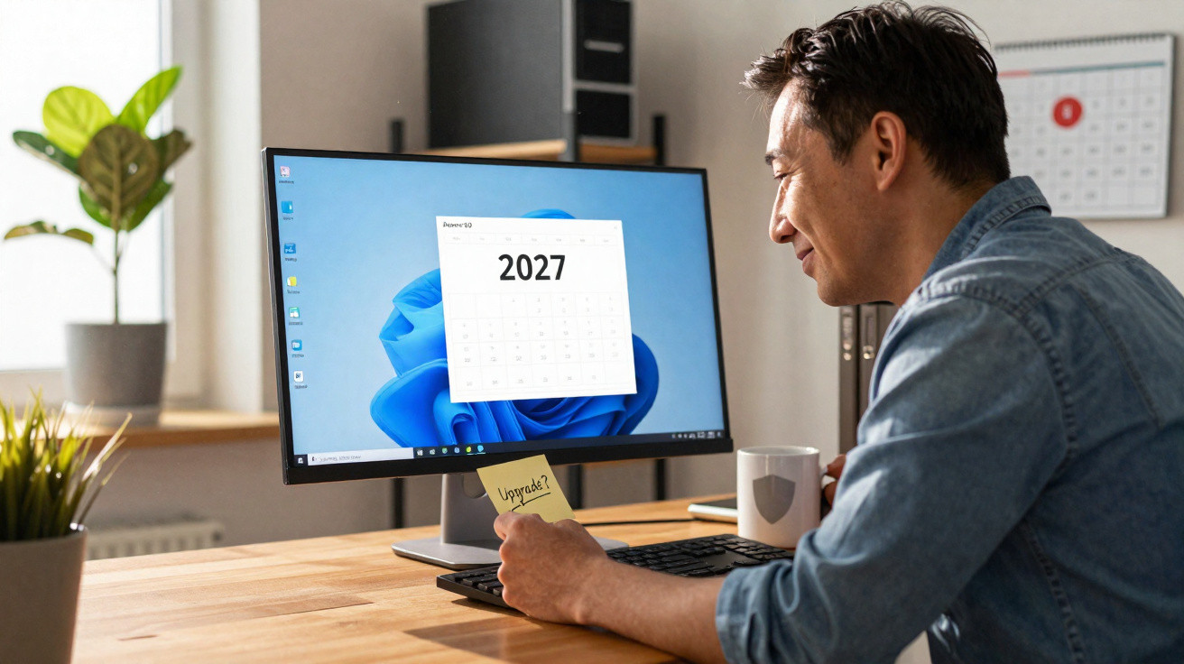 Man sitting at desk looking at computer screen displaying a 2027 calendar, holding a "Upgrade?" sticky note and coffee mug.