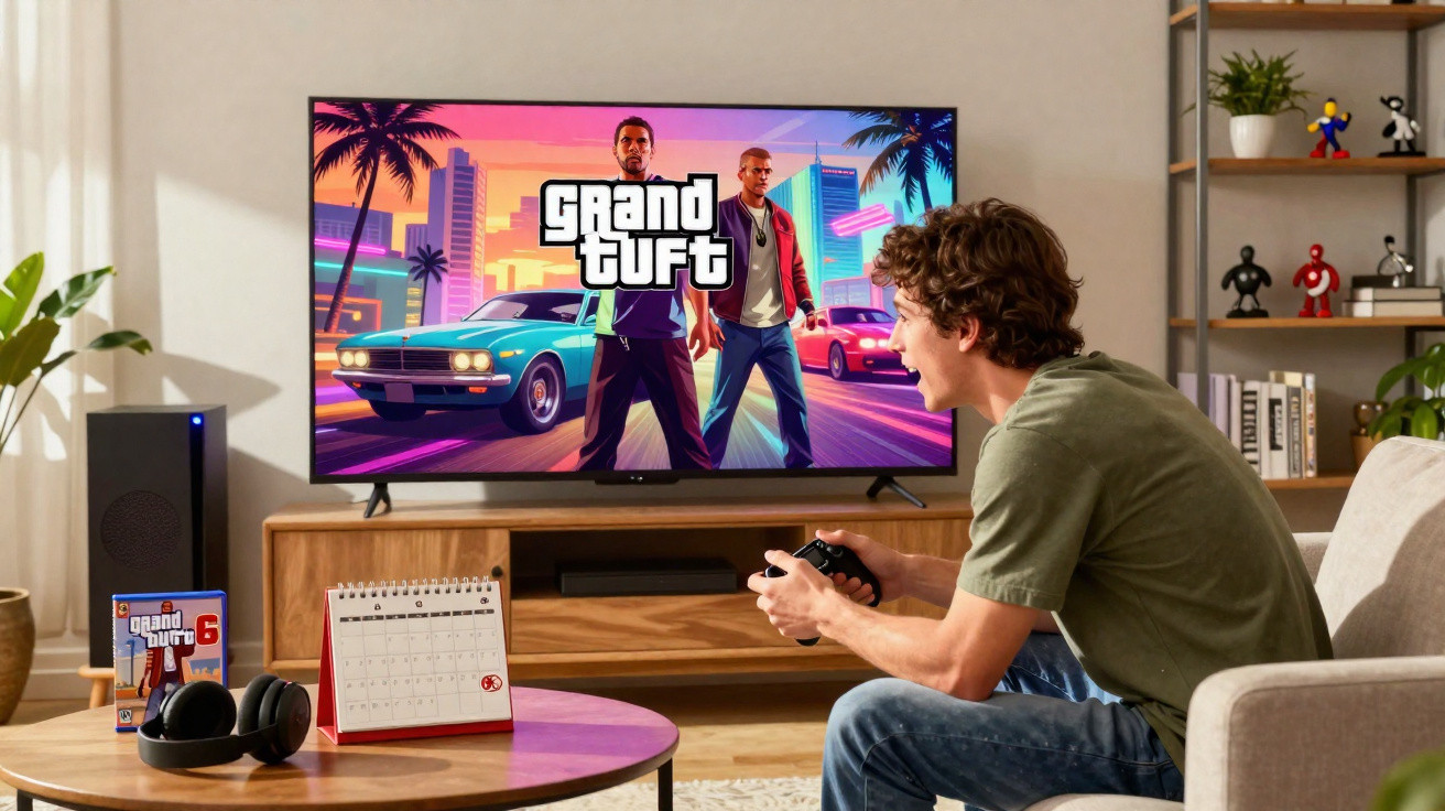 Teenage boy playing Grand Theft Auto 6 on a TV in a modern living room setting.